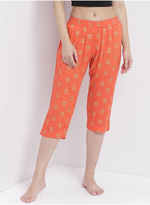 Casual Comfortable Relaxed Fit Three Quarter Pyjama Pants With Matching Scrunchie Orange