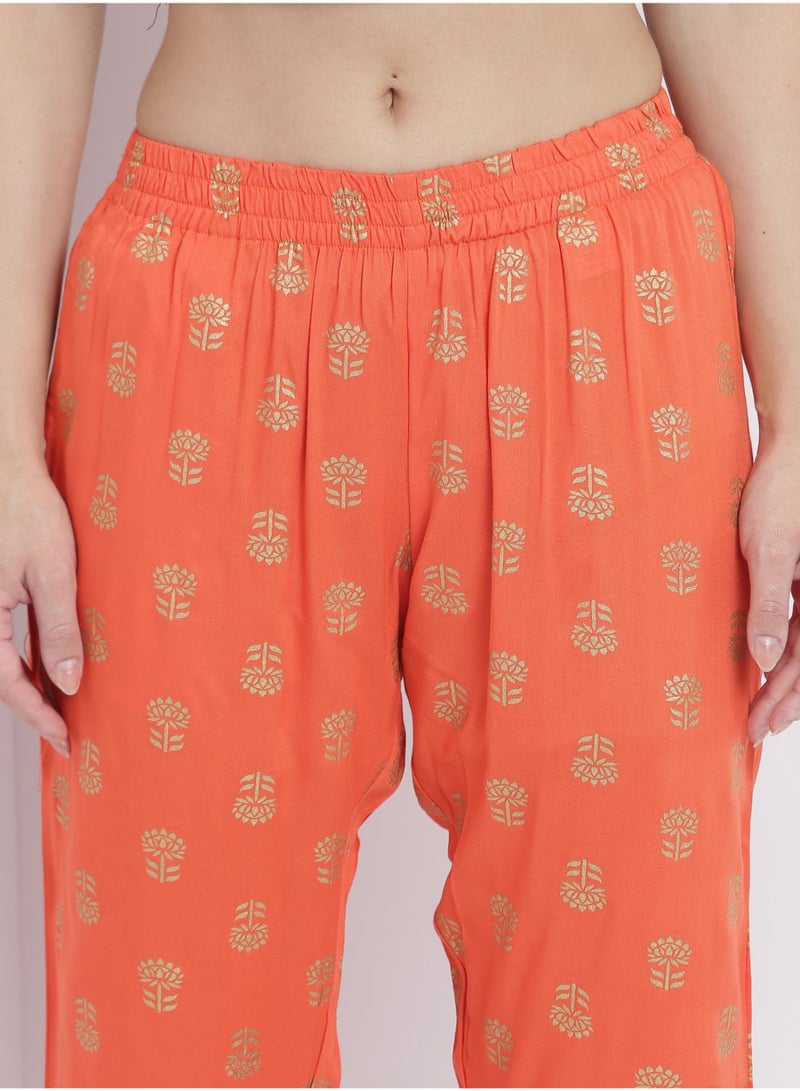 Casual Comfortable Relaxed Fit Three Quarter Pyjama Pants With Matching Scrunchie Orange