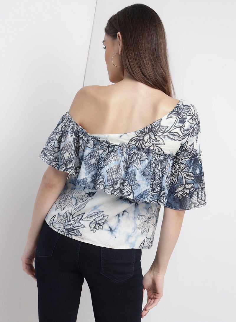 Aila Casual Stylish Off Shoulder Printed Blouse white multicolor - Image 3