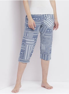 Casual Comfortable Relaxed Fit Three Quarter Pyjama Pants With Matching Scrunchie Blue