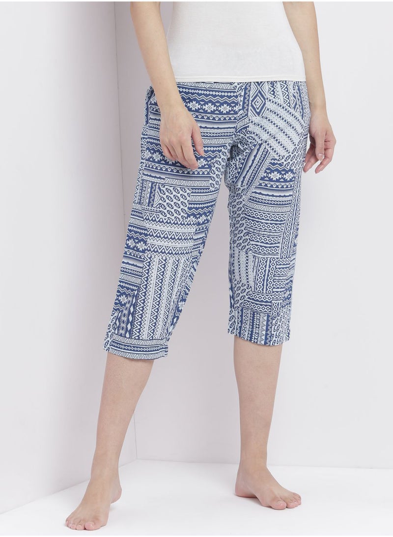 Aila - Casual Comfortable Relaxed Fit Three Quarter Pyjama Pants With Matching Scrunchie Blue - Image 1