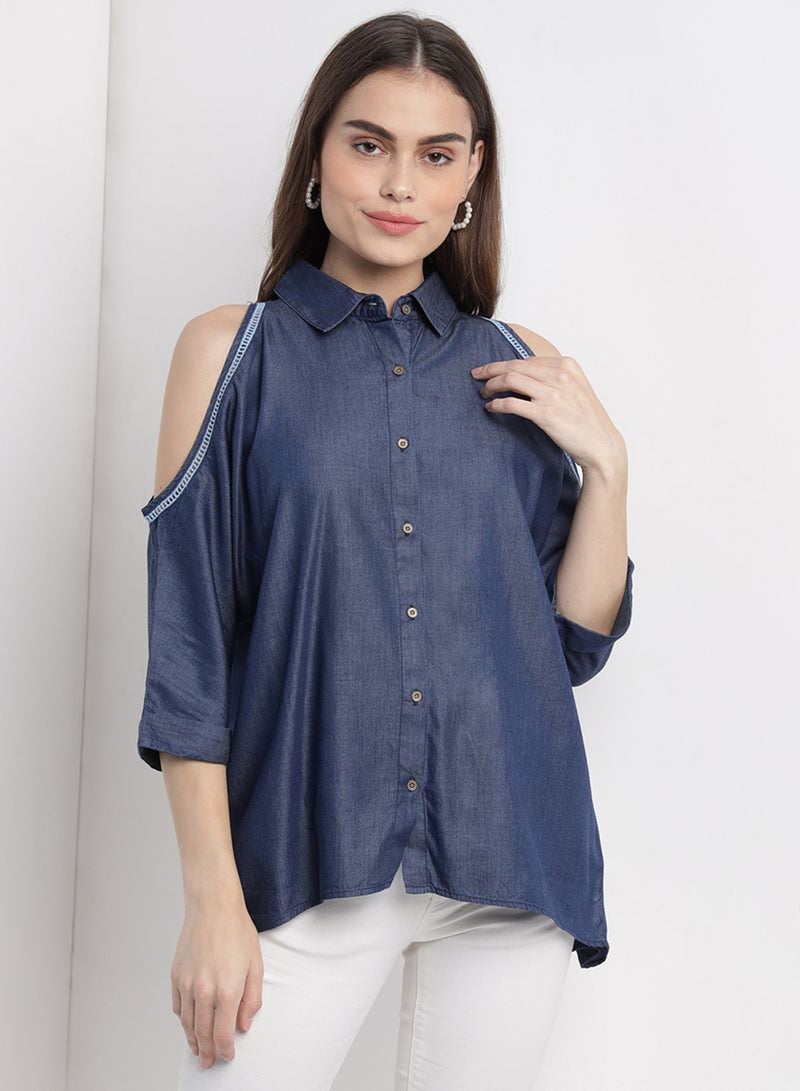 Aila Casual Stylish Cold Shoulder Half Sleeves Top Blue  - Image 1