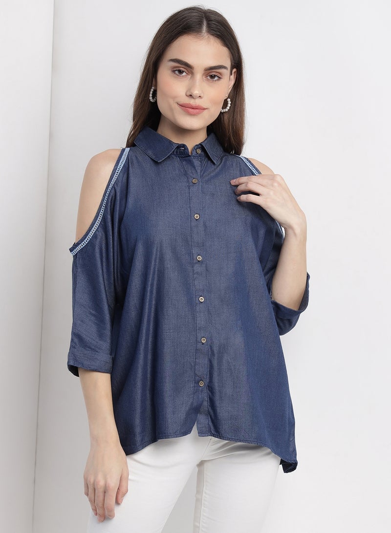 Aila Casual Stylish Cold Shoulder Half Sleeves Top Blue  - Image 2