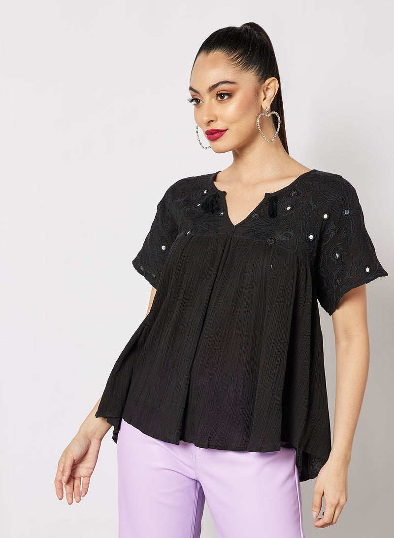 Aila Casual Stylish V Neck Flared Sleeves Blouse Black  - Image 1