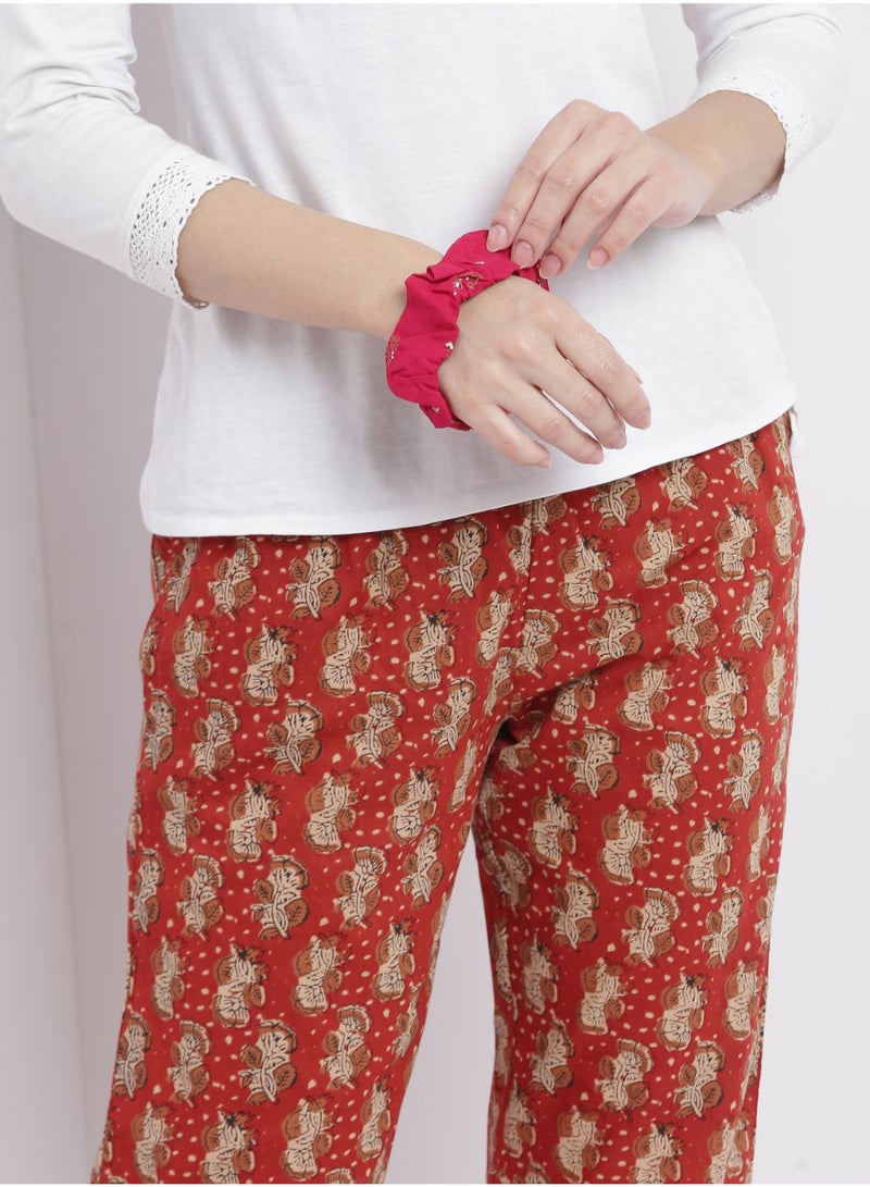 Aila Casual Comfortable Relaxed Fit Pyjama Pants With A Matching Scrunchie Rust  - Image 4