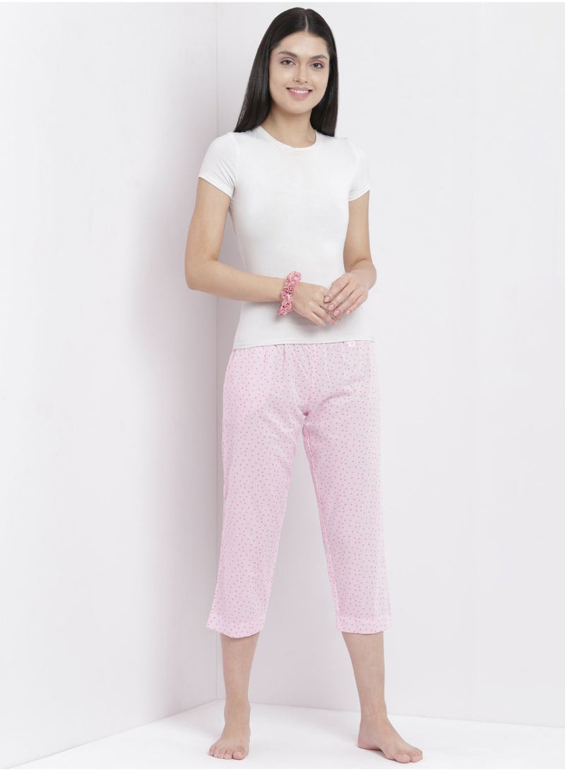 Aila - Casual Comfortable Relaxed Fit Three Quarter Pyjama Pants With Matching Scrunchie Pink - Image 1