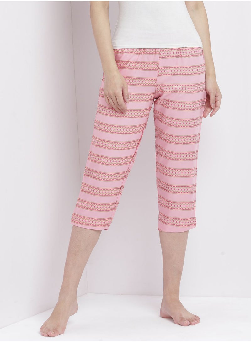 Aila Casual Comfortable Relaxed Fit Three Quarter Pyjama Pants With Matching Scrunchie Pink  - Image 1