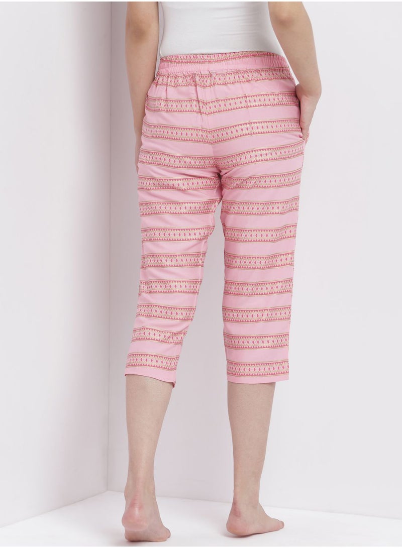 Aila Casual Comfortable Relaxed Fit Three Quarter Pyjama Pants With Matching Scrunchie Pink  - Image 2