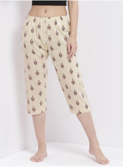 Aila Casual Comfortable Relaxed Fit Three Quarter Pyjama Pants With Matching Scrunchie Beige  - Image 1