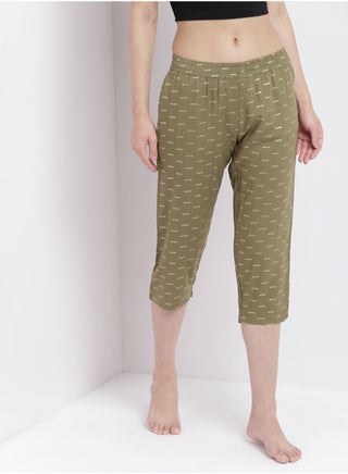 Casual Comfortable Relaxed Fit Three Quarter Pyjama Pants With Matching Scrunchie Green - v1649661442/N50219589V_1