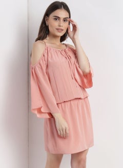 Casual Stylish Soild Mini Dress With Cold Shoulders And Elasticated Waist Pink