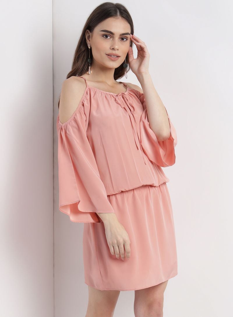 Aila - Casual Stylish Soild Mini Dress With Cold Shoulders And Elasticated Waist Pink - Image 1