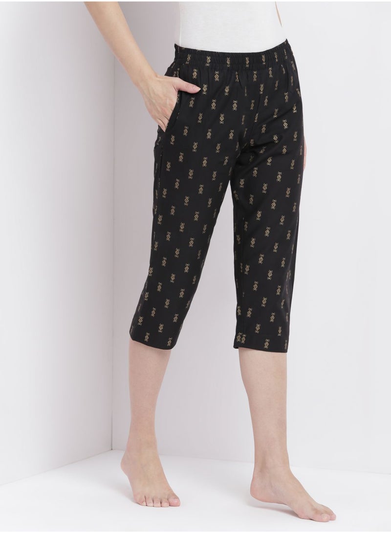 Aila Casual Comfortable Relaxed Fit Three Quarter Pyjama Pants With Matching Scrunchie Black - Image 1