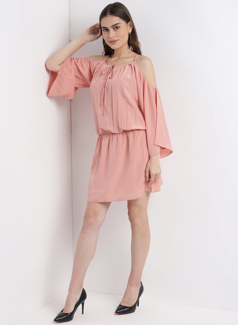 Aila - Casual Stylish Soild Mini Dress With Cold Shoulders And Elasticated Waist Pink - Image 1