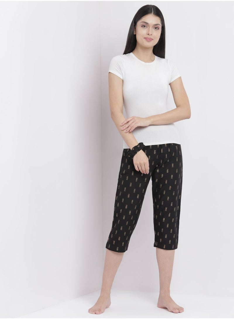 Aila Casual Comfortable Relaxed Fit Three Quarter Pyjama Pants With Matching Scrunchie Black - Image 3
