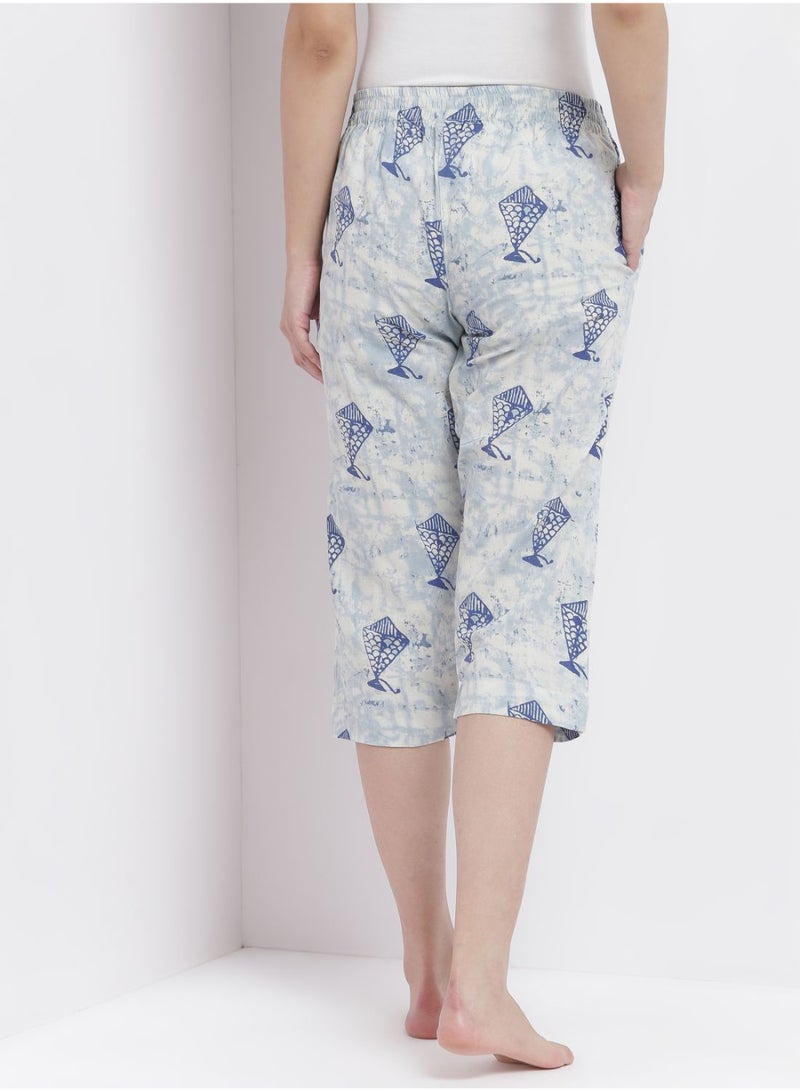 Casual Comfortable Relaxed Fit Three Quarter Pyjama Pants With Matching Scrunchie Multicolor