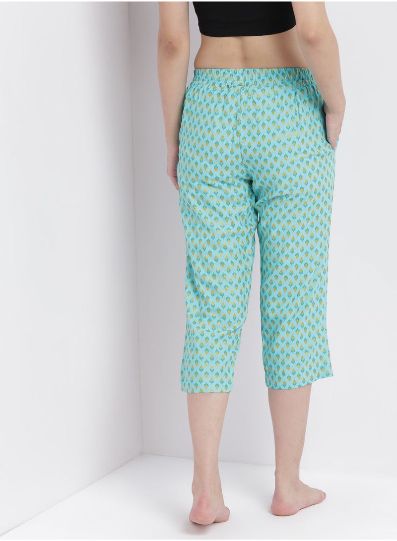 Aila Casual Comfortable Relaxed Fit Three Quarter Pyjama Pants With Matching Scrunchie Teal  - Image 2