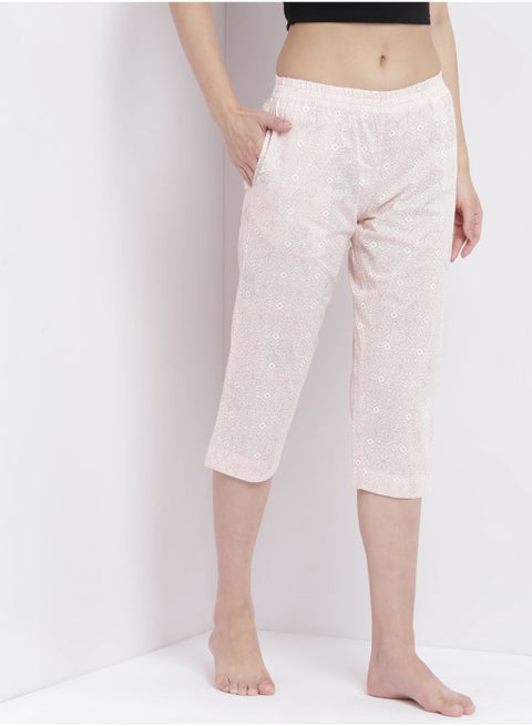Casual Comfortable Relaxed Fit Three Quarter Pyjama Pants With Matching Scrunchie Pink