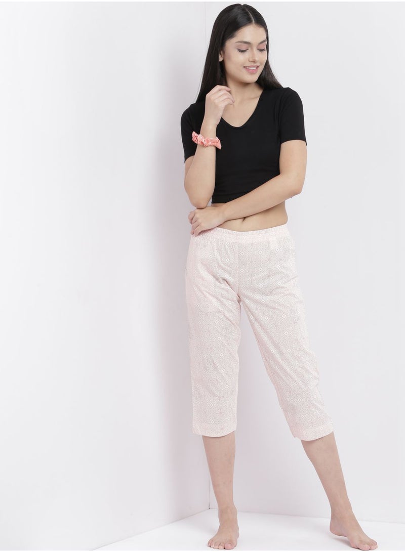 Aila - Casual Comfortable Relaxed Fit Three Quarter Pyjama Pants With Matching Scrunchie Pink - Image 1