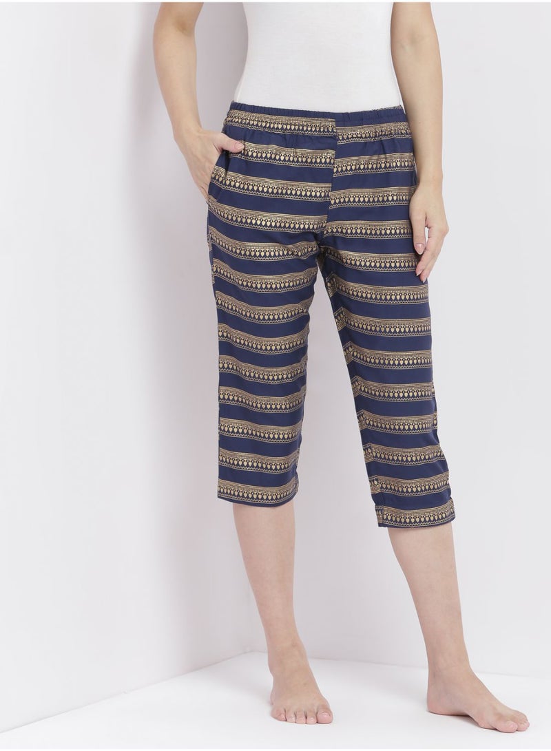 Aila Casual Comfortable Relaxed Fit Three Quarter Pyjama Pants With Matching Scrunchie Navy  - Image 1