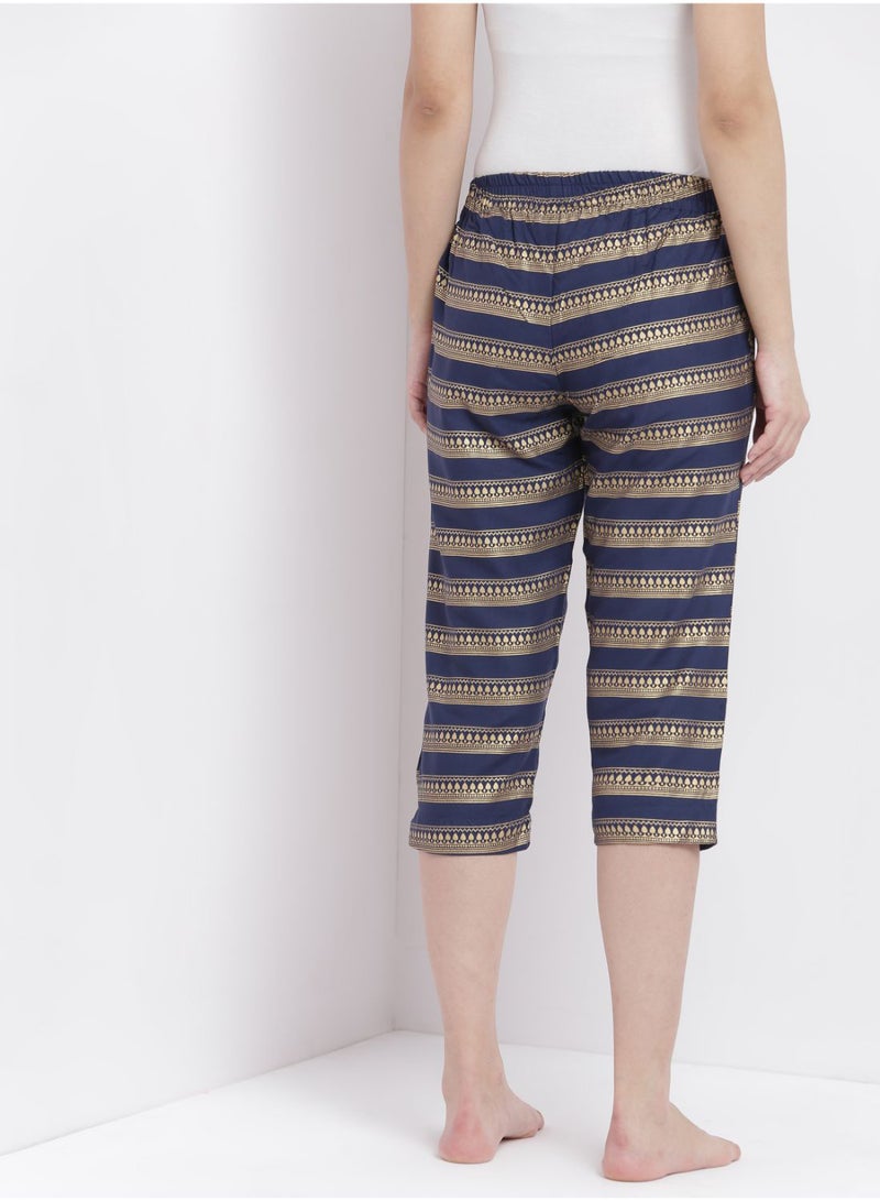 Aila Casual Comfortable Relaxed Fit Three Quarter Pyjama Pants With Matching Scrunchie Navy  - Image 2