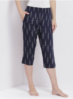 Casual Comfortable Relaxed Fit Three Quarter Pyjama Pants With Matching Scrunchie Blue
