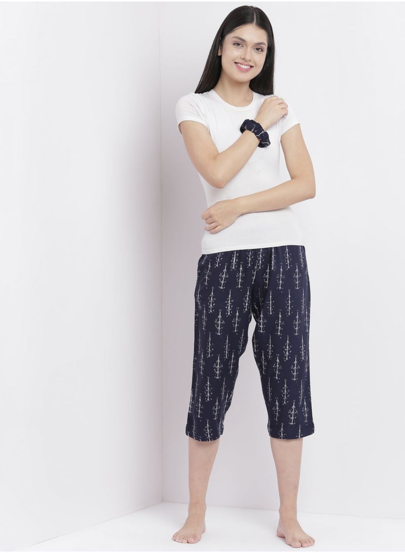 Aila - Casual Comfortable Relaxed Fit Three Quarter Pyjama Pants With Matching Scrunchie Blue - Image 1