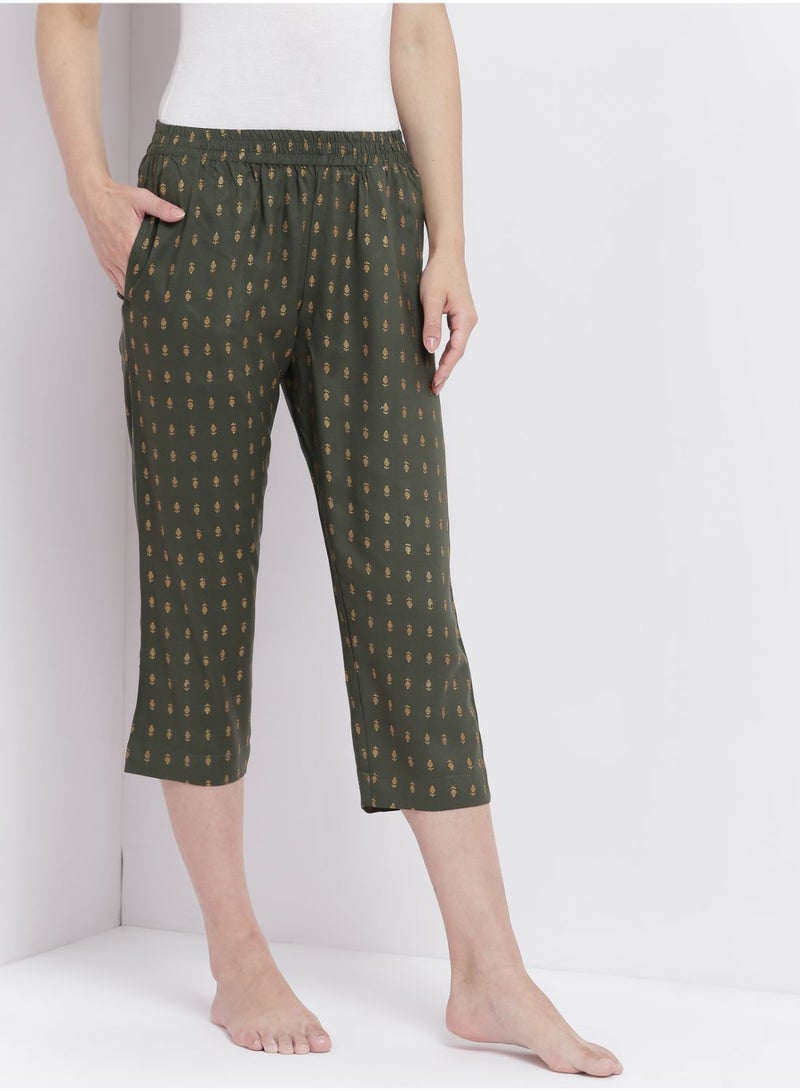 Aila Casual Comfortable Relaxed Fit Three Quarter Pyjama Pants With Matching Scrunchie Green  - Image 1