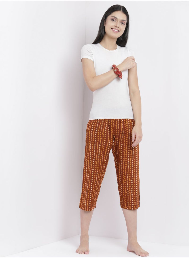 Casual Comfortable Relaxed Fit Pyjama Pants With A Matching Scrunchie Dark Rust