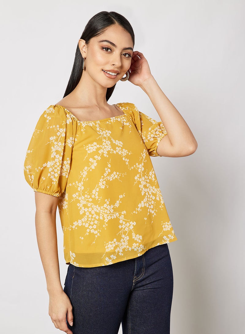 Aila Women's Casual Printed Blouse Half Sleeve With Square Neck Yellow  - Image 1
