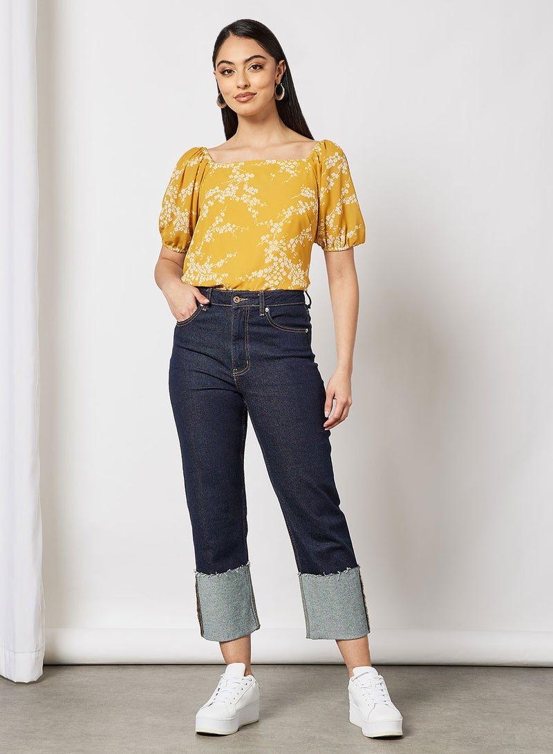 Aila Women's Casual Printed Blouse Half Sleeve With Square Neck Yellow  - Image 4