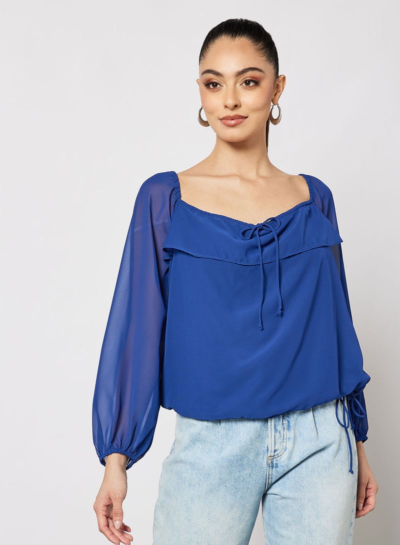 Aila Casual Flowy Frill Blouse Round Neck Navy  - Image 1