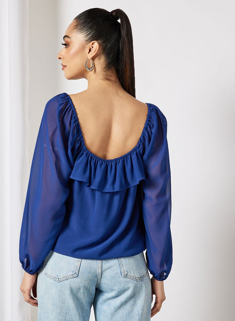 Aila Casual Flowy Frill Blouse Round Neck Navy  - Image 2