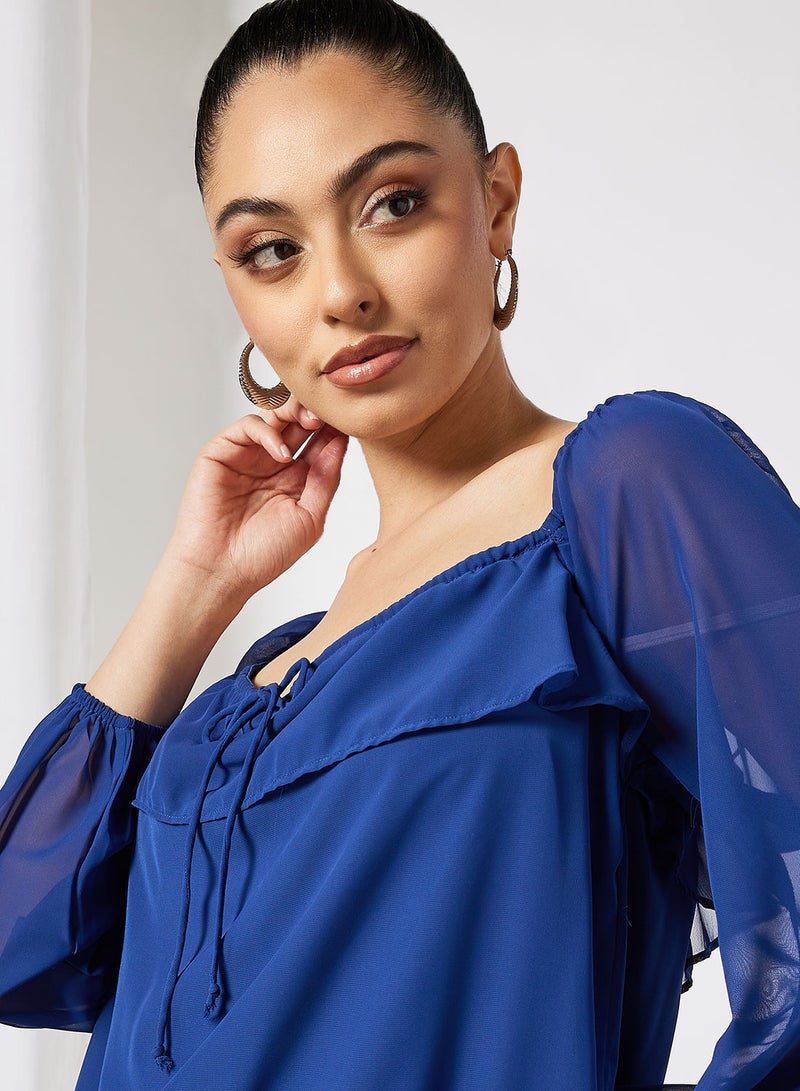 Aila Casual Flowy Frill Blouse Round Neck Navy  - Image 3