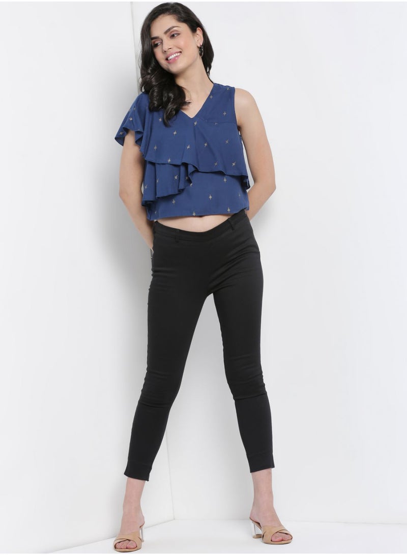 Aila - Casual Crop Top With Matching Srunchie Navy - Image 1