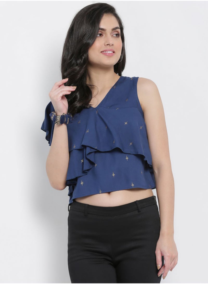 Aila - Casual Crop Top With Matching Srunchie Navy - Image 1