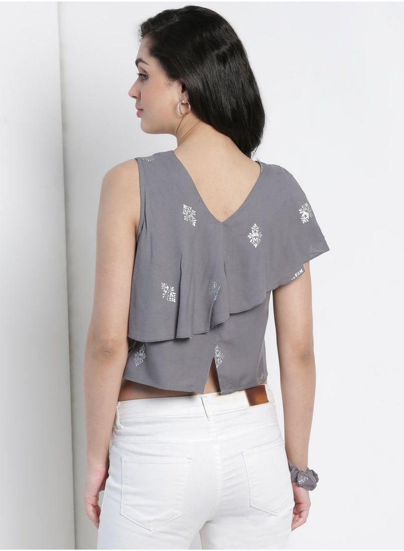 Casual Crop Top With Matching Srunchie Grey