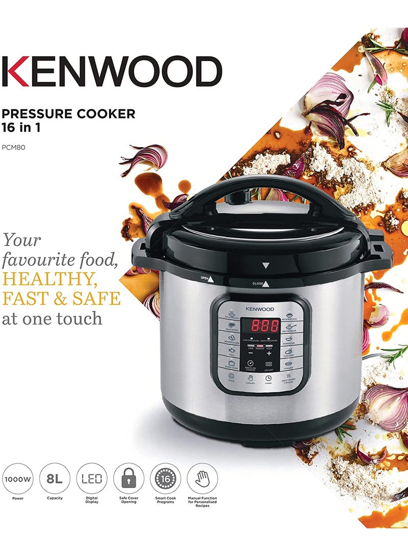KENWOOD - 16-In-1 Electric Pressure Cooker Multifunctional Programmable Multicooker With Safety Feature, 16 Smart Cook Programs, Manual Function For Personalised Recipes 8.0 L 1200.0 W PCM80.000SS Black/Silver - Image 1