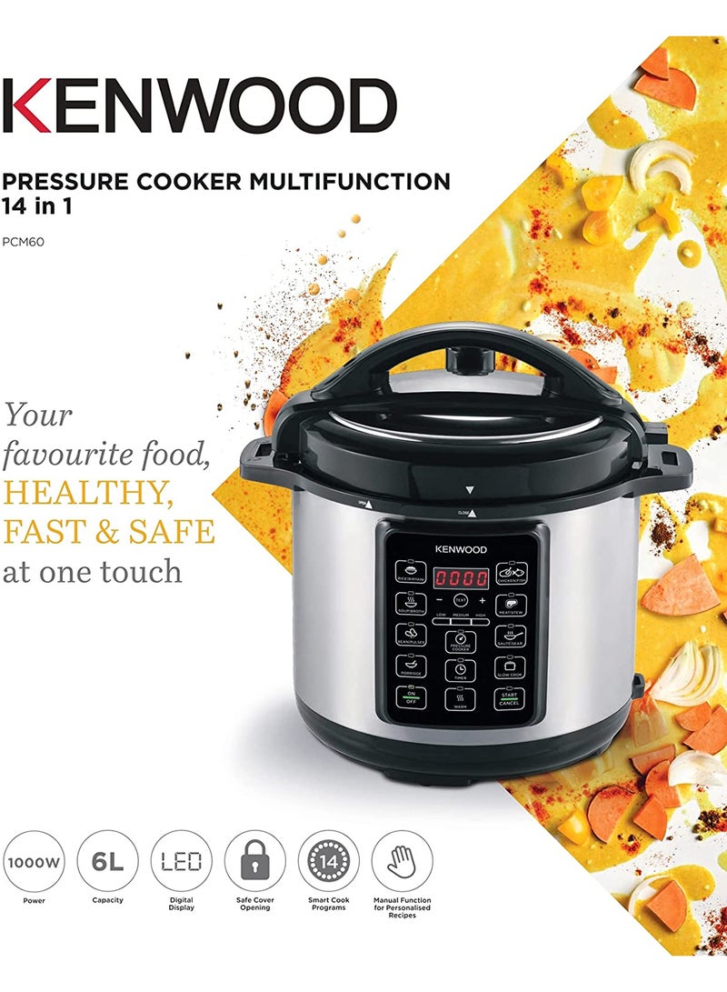KENWOOD - 14-In-1 Electric Pressure Cooker Multifunctional Programmable Multicooker With Safety Feature, 14 Smart Cook Programs, Manual Function For Personalised Recipes 6 L 1000 W PCM60.000SS Black/Silver - Image 1