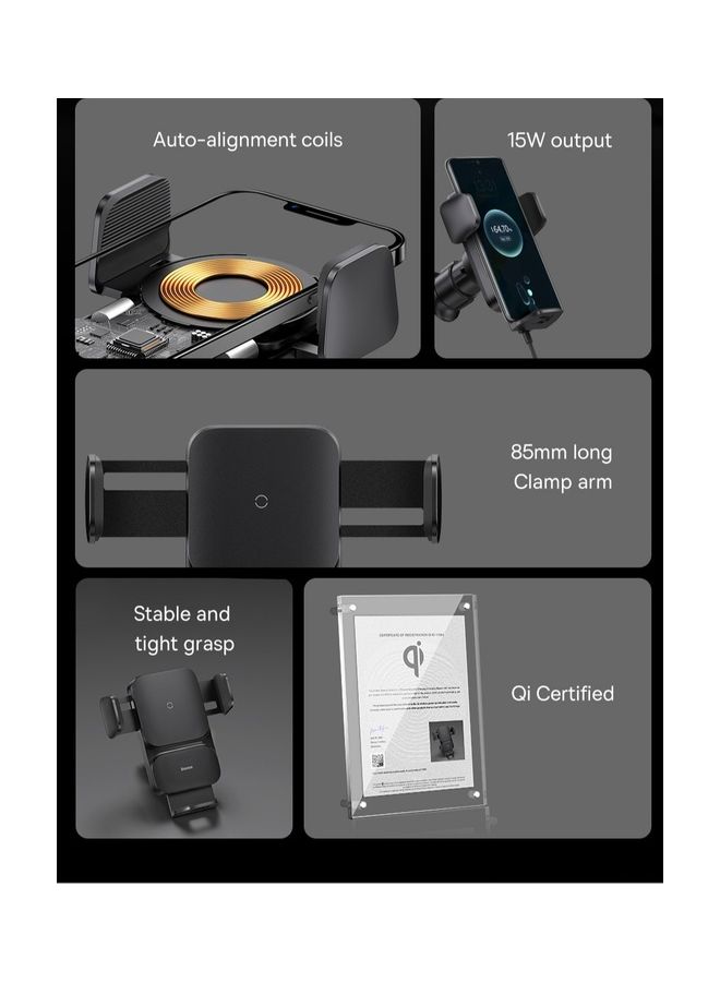 Baseus - Auto Alignment 15W Max Wireless Charger Car Phone Holder Qi-Certified Compatible with iPhone 14 Pro Max, 14/13/13 Pro Max/12/11/XS/XR/X, Galaxy S23/S22/S10/Note10 Black - Image 1