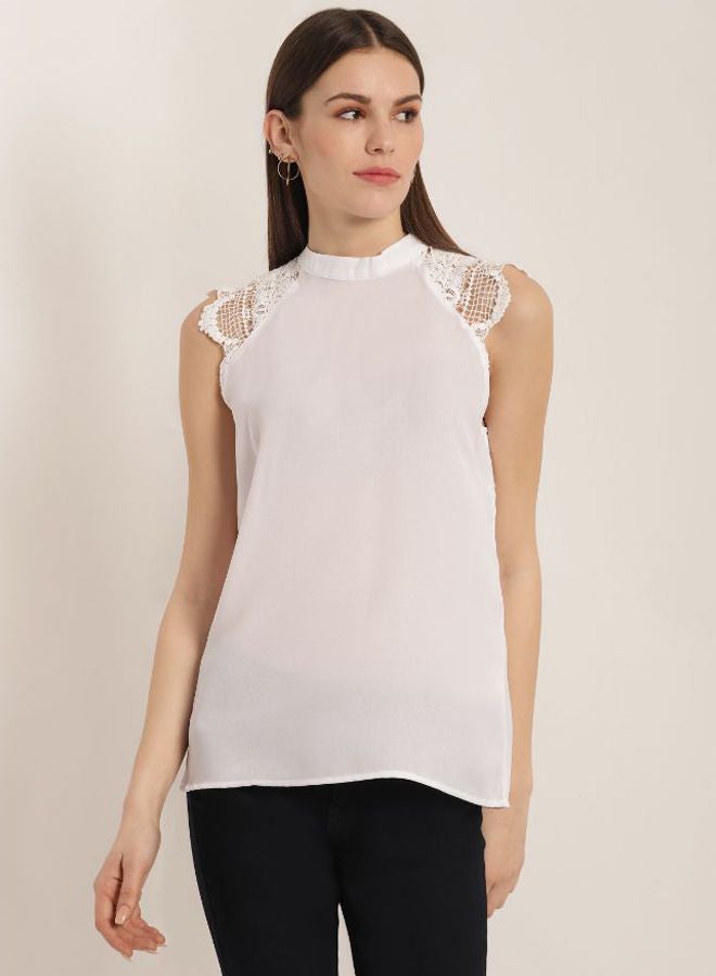 Aila Solid Design Sleeveless Top With Embroidered On Shoulder White - Image 1