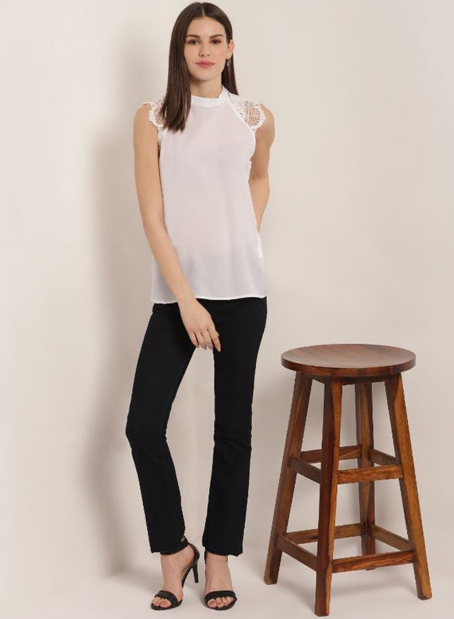 Aila Solid Design Sleeveless Top With Embroidered On Shoulder White - Image 3