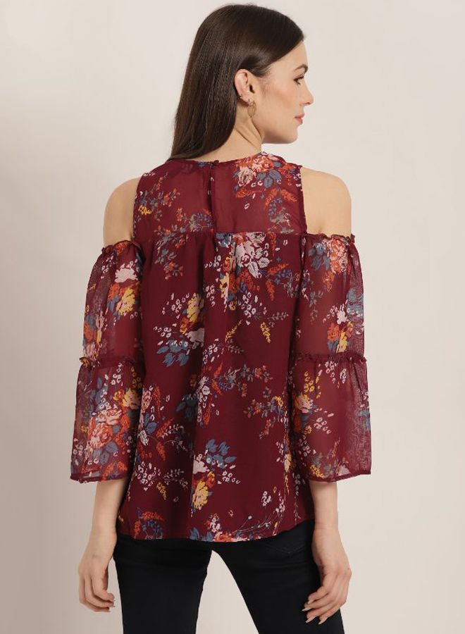 Aila Floral Printed Top With Cold Shoulder Wine  - Image 2