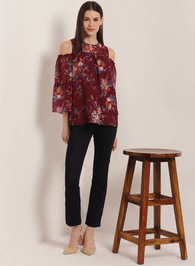 Aila Floral Printed Top With Cold Shoulder Wine  - Image 3