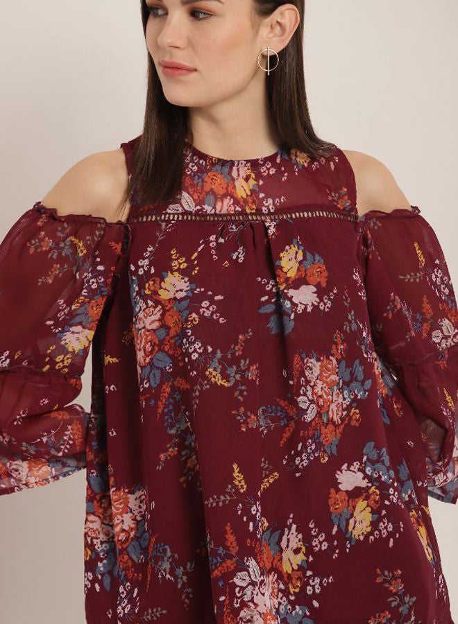 Aila Floral Printed Top With Cold Shoulder Wine  - Image 4