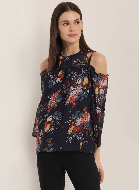 Floral Printed Top With Cold Shoulder Blue