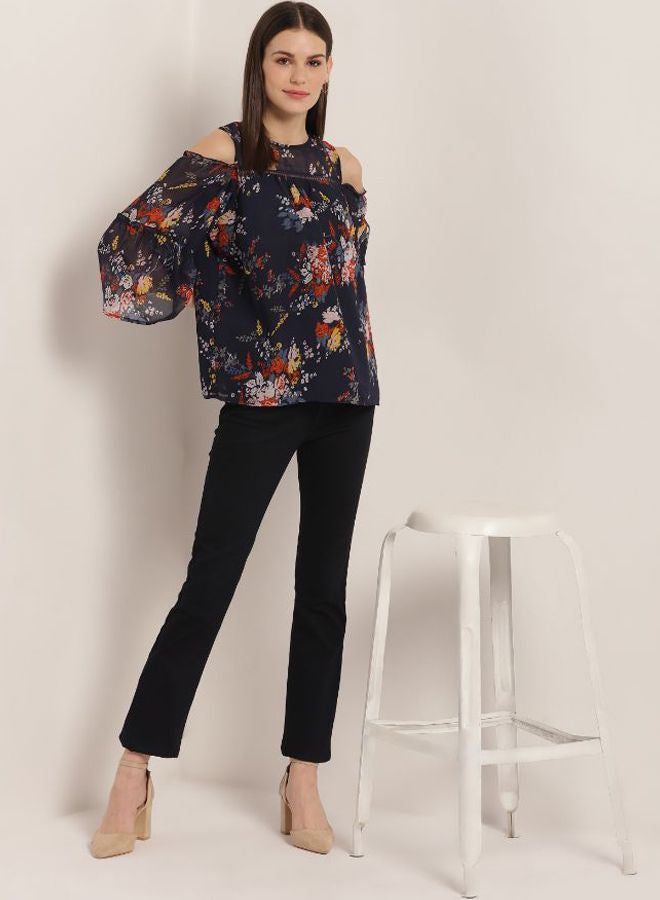 Aila - Floral Printed Top With Cold Shoulder Blue - Image 1