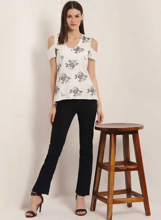 Aila Printed Top With Cold Shoulders White