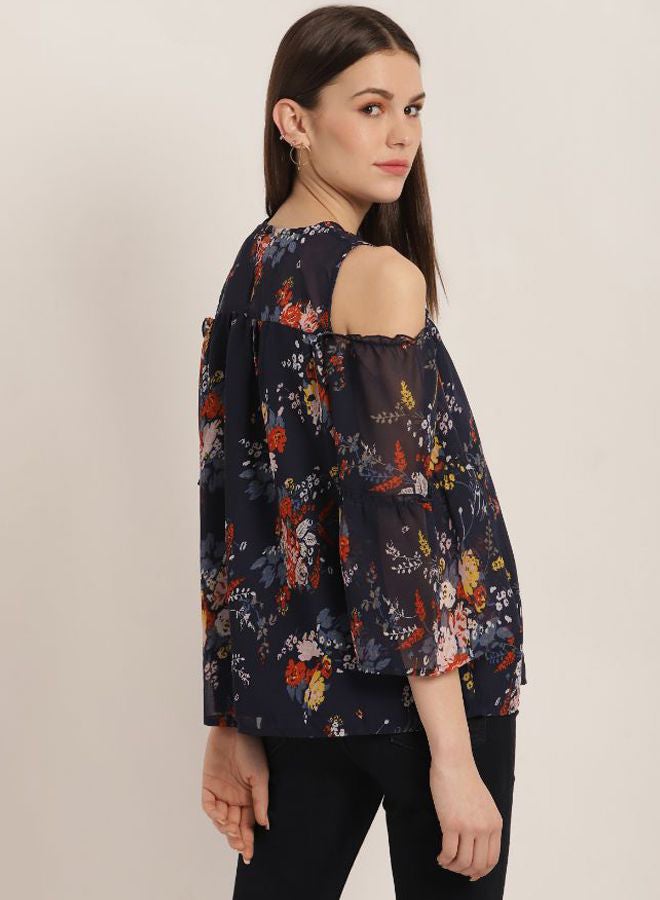 Aila - Floral Printed Top With Cold Shoulder Blue - Image 1