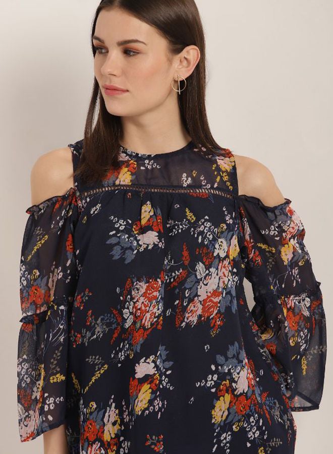 Aila - Floral Printed Top With Cold Shoulder Blue - Image 1